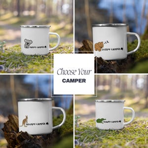 Koala Happy Camper 12 oz Enamel Camping Mug - Funny quote coffee teacup - classic family weekend, drinking, travel - hot or cold liquid
