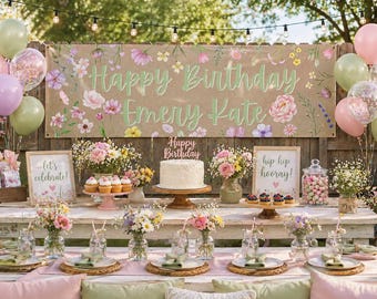 Blumen Geburtstag Banner, Spring Party Hintergrund, anpassbarer Name (Digitaler Download)