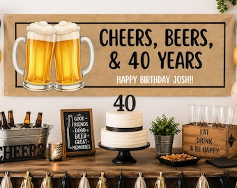 May include: A festive birthday party scene with a banner reading "Cheers, Beers, & 40 Years Happy Birthday Josh!!" Two beer mugs are illustrated on the banner. A two-tiered cake with a "40" topper sits on a table with balloons, beer, and snacks.