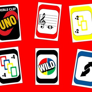May include: A collection of Uno game cards on a red background. The cards feature various designs, including a treble clef, musical notes, and the word "UNO". Other cards display numbers and symbols.