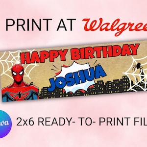 May include: A rectangular banner featuring the text HAPPY BIRTHDAY JOSHUA in red and blue, with a Spider-Man character, a black city skyline silhouette, and white spiderwebs on a tan background. The image includes the text PRINT AT Walgreens.