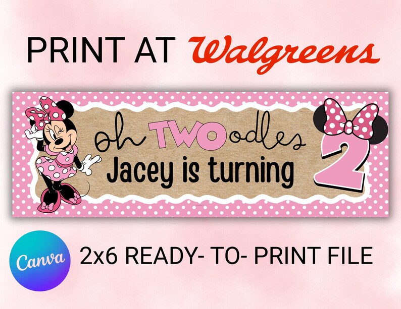 K&ouml;nnte beinhalten: Ein rosa-braunes Banner mit Minnie Mouse, Tupfen und dem Text "oh TWOodles Jacey is turning 2". Das Banner ist eine druckfertige 2x6-Datei.