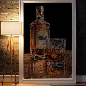 Vintage Whiskey Bar Print, Retro Liquor Poster, Double Aged Whiskey Art, Whiskey Bottle Wall Art, Whiskey Glass Print, Rustic Bar Decor