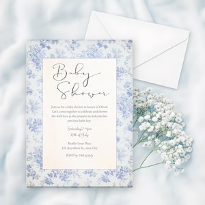 Elegant Blue Chinoiserie Baby Shower Invitation • Dusty Blue Floral French Toile Theme • Editable Digital Template for Boy Baby Shower