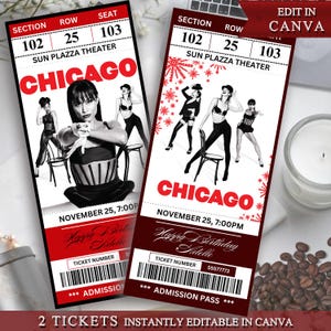 INSTANTLY CANVA Editable CHICAGO  Musical Ticket Template, Chicago  Printable Broadway Surprise Ticket, Musical Theatre Souvenir Keepsake