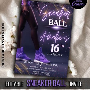 Op de afbeelding: Een paarse en gouden printbare uitnodiging voor een 16e verjaardagsfeest. De uitnodiging toont een meisje dat paarse sneakers draagt en de tekst "Sneaker Ball Amelie's 16th Birthday".