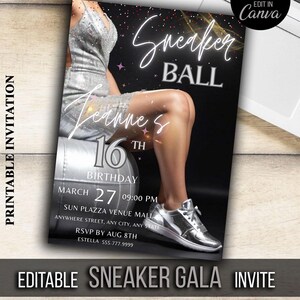 Invitación de cumpleaños imprimible de SneakerBall para niñas, invitación imprimible de Pink Sneaker Gala, descarga de invitación editable e imprimible de Canva