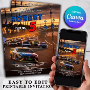 Invitaciones de cumpleaños de autos de carrera inspirados en Nascar, archivos digitales imprimibles y personalizados, invitación para fiesta de Nascar, invitación de cumpleaños CANVA