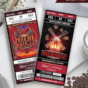 Plantilla de entrada para el musical Moulin Rouge con edición instantánea en CANVA, entrada sorpresa imprimible para Broadway del Moulin Rouge, recuerdo de un musical