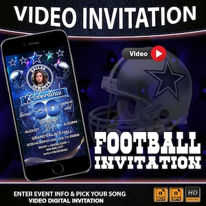 Football birthday invitation with picture, Football invitation digital, Football video invitation