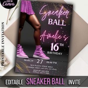 Invitación de cumpleaños editable de SneakerBall para niñas, invitación imprimible de Purple Sneaker Gala, descarga de invitación editable e imprimible de Canva