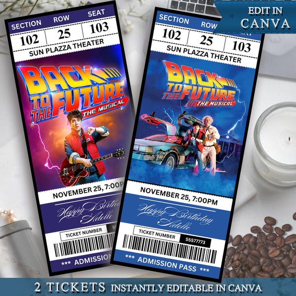 INSTANTLY CANVA EDIT Back To the Future Musical Ticket Template, Printable Broadway Surprise Ticket, Musical Theatre Event Souvenir Keepsake