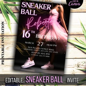 Invitación de cumpleaños imprimible de SneakerBall para niñas, invitación imprimible de Pink Sneaker Gala, descarga de invitación editable e imprimible de Canva