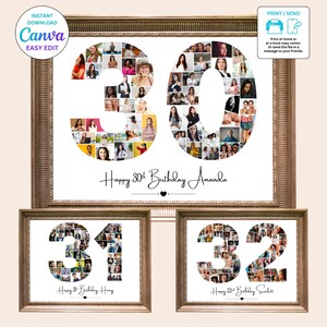 Modelo de colagem de fotos para 30, 31 e 32 anos | Presente personalizado para aniversário | Design editável do Canva | Download instantâneo para impressão