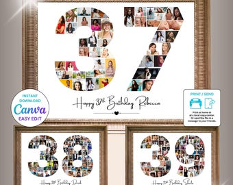 37th 38th 39th Birthday Photo Collage Template | Personalized Gift for Anniversary | Editable Canva Design | Instant Download Printable