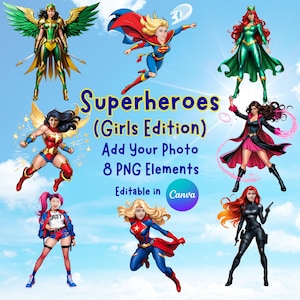 Voeg je eigen foto toe Super Girls-clipart, voeg eenvoudig je gezicht toe PNG-superheldenstijl met behulp van de digitale downloadsjabloon van Canva, schattige kinderen-clipart