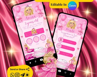 Editable Barbie Birthday Party Invite, Barbie Invitation Digital Template Download, Interactive Canva Barbie Party Invitation For Girls