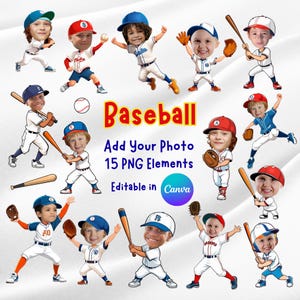 Personalizowane dziecięce cliparty baseballowe – Dodaj zdjęcie swojego dziecka | DIY sportowa dekoracja urodzinowa | Natychmiastowe pobieranie PNG