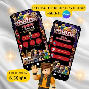 Roblox Digital Birthday Invitation Template, Digital Birthday Invitation Girl, Editable Roblox Invite Canva, Interactive Birthday Invitation