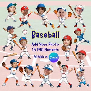 Fügen Sie Ihr eigenes Foto Baseball Kids Clipart hinzu, fügen Sie ganz einfach Ihr Gesicht PNG Baseball-Stil mit der Canva Digital Download-Vorlage, Geburtstags-Dekor
