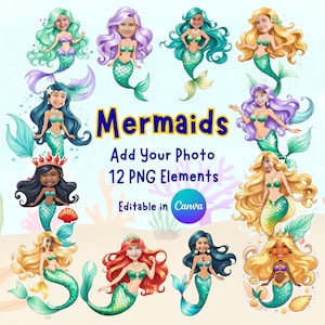 Voeg je eigen foto zeemeermin-clipart toe, voeg eenvoudig je gezicht toe png-stijl zeemeermin met behulp van de digitale downloadsjabloon van canva, DIY schattige kinderen-clipart