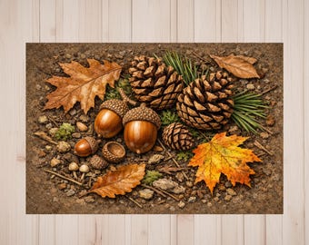 Fall Leaves Pinecones Acorns Mat, Autumn Woodland Doormat, Nature Welcome Mat, Fall Porch Decor, Forest Floor Gift, Acorn Pinecone Doormat