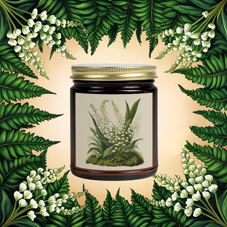 May include: A dark brown glass jar with a gold lid, featuring a botanical illustration of lily of the valley flowers. The jar is surrounded by a frame of green fern leaves and white flowers, creating a natural, floral theme.