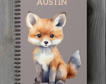 Personalized Fox Notebook, Custom Name Kids Journal, Woodland Animal Journal, Cute Fox Back to School Gift,  Fox Lover Kids Gift