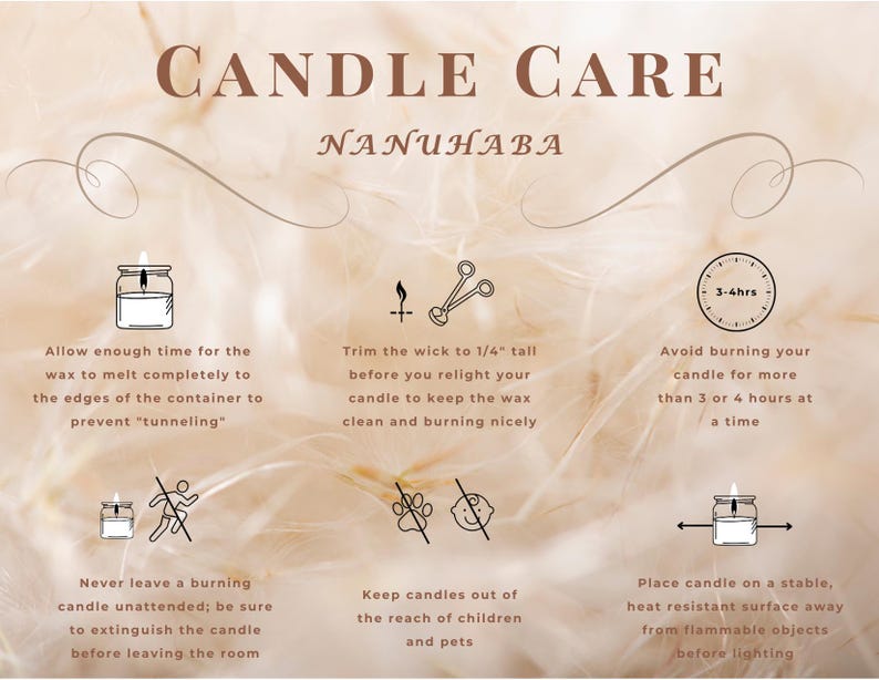 May include: A candle care guide with the text "CANDLE CARE" and "NANUHABA". The guide provides instructions on candle usage, including wick trimming, burn time, and safety advice, with accompanying illustrations.