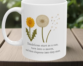 Taza de diente de león, taza con flores de sol, luna y estrellas, regalo de diente de león, regalo para amantes de la naturaleza, taza para la relajación, decoración de diente de león, regalo inspirador