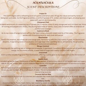 May include: A list of scent descriptions from NANUHABA. The descriptions include Fraser Fir, Cinnamon Chai, Cashmere Musk, Beachwood, Mango Coconut, Unscented, Vanilla Bean, Lavender, Coconut Apricot Wax, and Blackberry Vanilla.