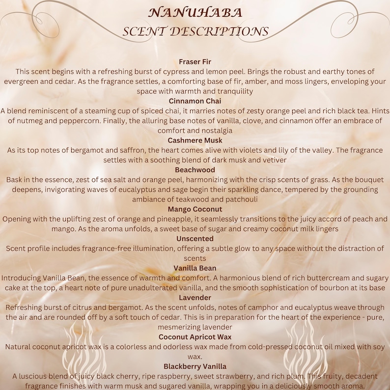 May include: A list of scent descriptions from NANUHABA. The descriptions include Fraser Fir, Cinnamon Chai, Cashmere Musk, Beachwood, Mango Coconut, Unscented, Vanilla Bean, Lavender, Coconut Apricot Wax, and Blackberry Vanilla.