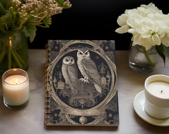May include: A black and gold spiral bound journal with a detailed illustration of two owls on the front cover. The owls are perched on a branch with intricate details and a dark background.