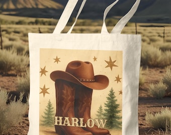 Personalized Cowgirl Tote Bag, Custom Name Bridesmaid Bag, Cowgirl Boots Bag, Cowgirl Bridesmaid Gift, Customized-Name-Bag, Horse Girl Gift