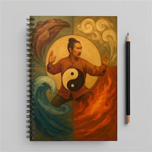 May include: Spiral-bound notebook featuring a painting of a man in a brown outfit with a yin-yang symbol. The background includes elements of earth, water, fire, and air. A black pencil rests on the white surface.