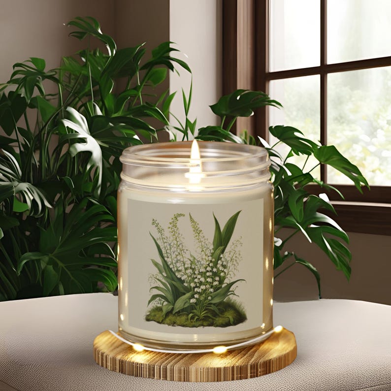 May include: A lit candle in a clear glass jar featuring a lily of the valley botanical illustration. The candle rests on a round wooden coaster with fairy lights. Green plants are in the background.