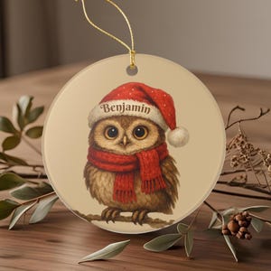 May include: A round Christmas ornament featuring a cartoon owl wearing a red Santa hat and scarf. The hat has the name "Benjamin" printed on it. The owl is perched on a branch, with a gold string for hanging.