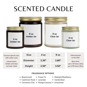May include: Scented candles in amber and clear jars with gold lids. Sizes include 4 oz and 9 oz. The candles are hand-poured in the USA with coconut apricot wax and cotton wicks. Available fragrance options are listed.