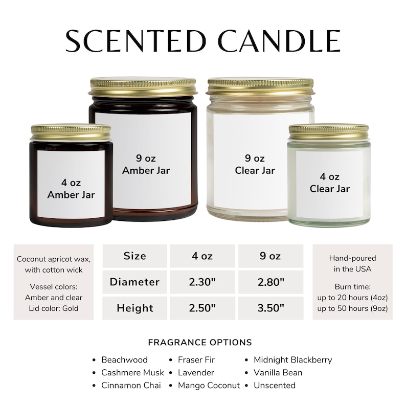 May include: Scented candles in amber and clear jars with gold lids. Sizes include 4 oz and 9 oz. The candles are hand-poured in the USA with coconut apricot wax and cotton wicks. Available fragrance options are listed.
