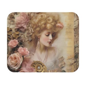 May include: A vintage-inspired image of a woman with blonde hair and a pearl necklace, surrounded by pink roses and a gold decorative element. The background is a textured, aged paper with a faded floral pattern.