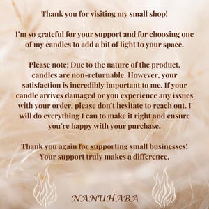 May include: A beige background with text expressing gratitude for customer support and shop policies. The text includes "Thank you for visiting my small shop!" and the shop's name, NANUHABA, at the bottom.