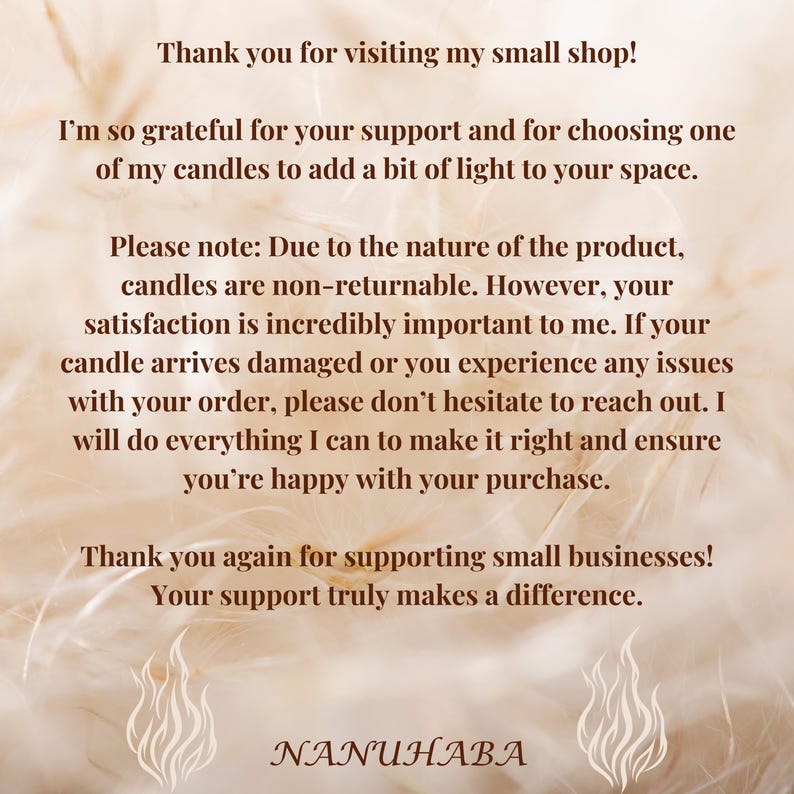 May include: A beige background with text expressing gratitude for customer support and shop policies. The text includes "Thank you for visiting my small shop!" and the shop's name, NANUHABA, at the bottom.