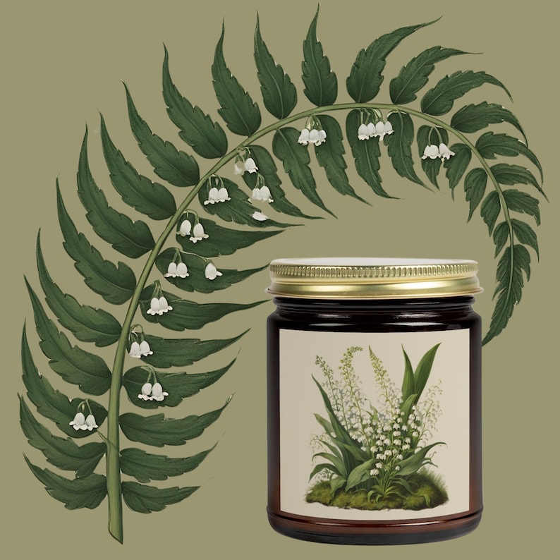 May include: A brown glass jar with a gold lid and a label featuring a botanical illustration of lily of the valley flowers. A green fern with white flowers is in the background. The background is a muted green.