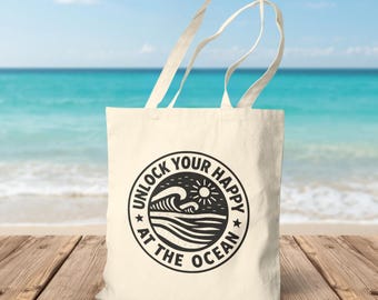 Ocean Tote Bag, Beach Lover Gift, Summer Vacation Tote, Reusable Canvas Bag, Ocean Waves Design, Positive Quote, Eco Friendly, Ocean Life