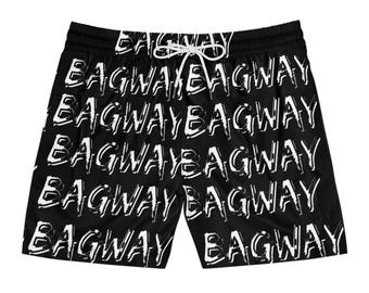 May include: Black swim trunks with a white repeated pattern of the word "Bagway".