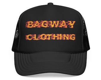 Bagway Clothing Flame foam trucker hat | flaming text logo, black mesh cap