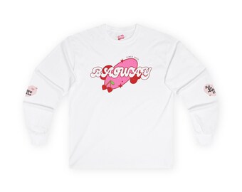 May include: White long-sleeve shirt with a pink and red graphic of a cherry and the text "BAGUAY" in a retro font. The sleeves have small heart graphics. The shirt is made of a soft, comfortable material.