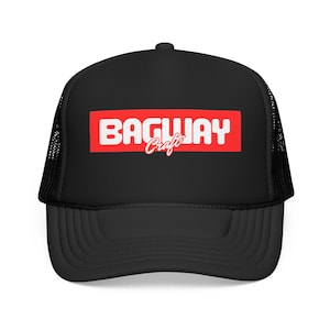 May include: A black trucker hat featuring a red rectangular patch on the front panel. The text BAGWAY is printed in bold white capital letters, with the word Craft written in a white cursive script font layered over the center of the red patch.