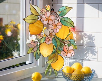 Acrylic Lemon Flower Suncatcher, Summer Fruit Window Hanging, Citrus Floral Kitchen Decor, Bright Yellow Stained Look Panel Art