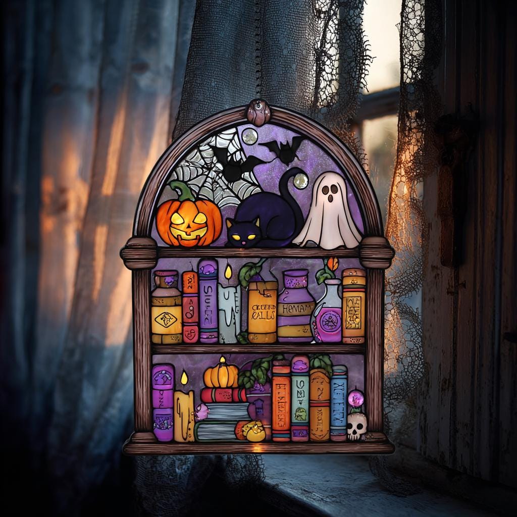 Witchy Halloween Shelf Suncatcher – Acrylic Hanging with Potions, Cat, Books & Ghost – Stained Glass Style Creepy Cute Accent